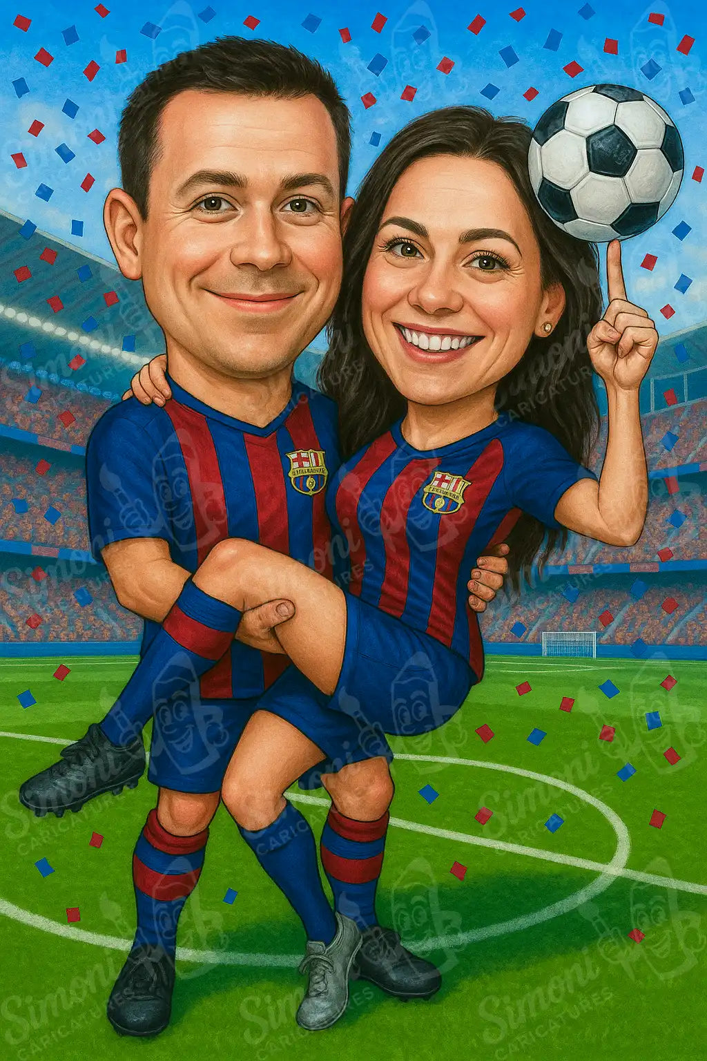 Карикатура на двойка футболисти с екипи на Барселона на футболен терен, персонализирани портрети, Simoni Caricatures.